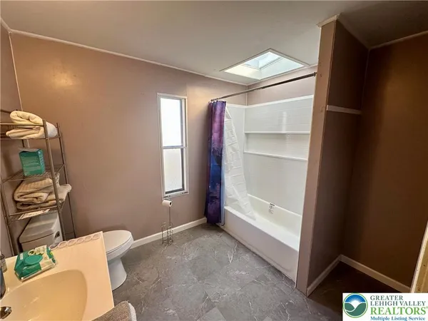 a bathroom with a sink mirror and toilet