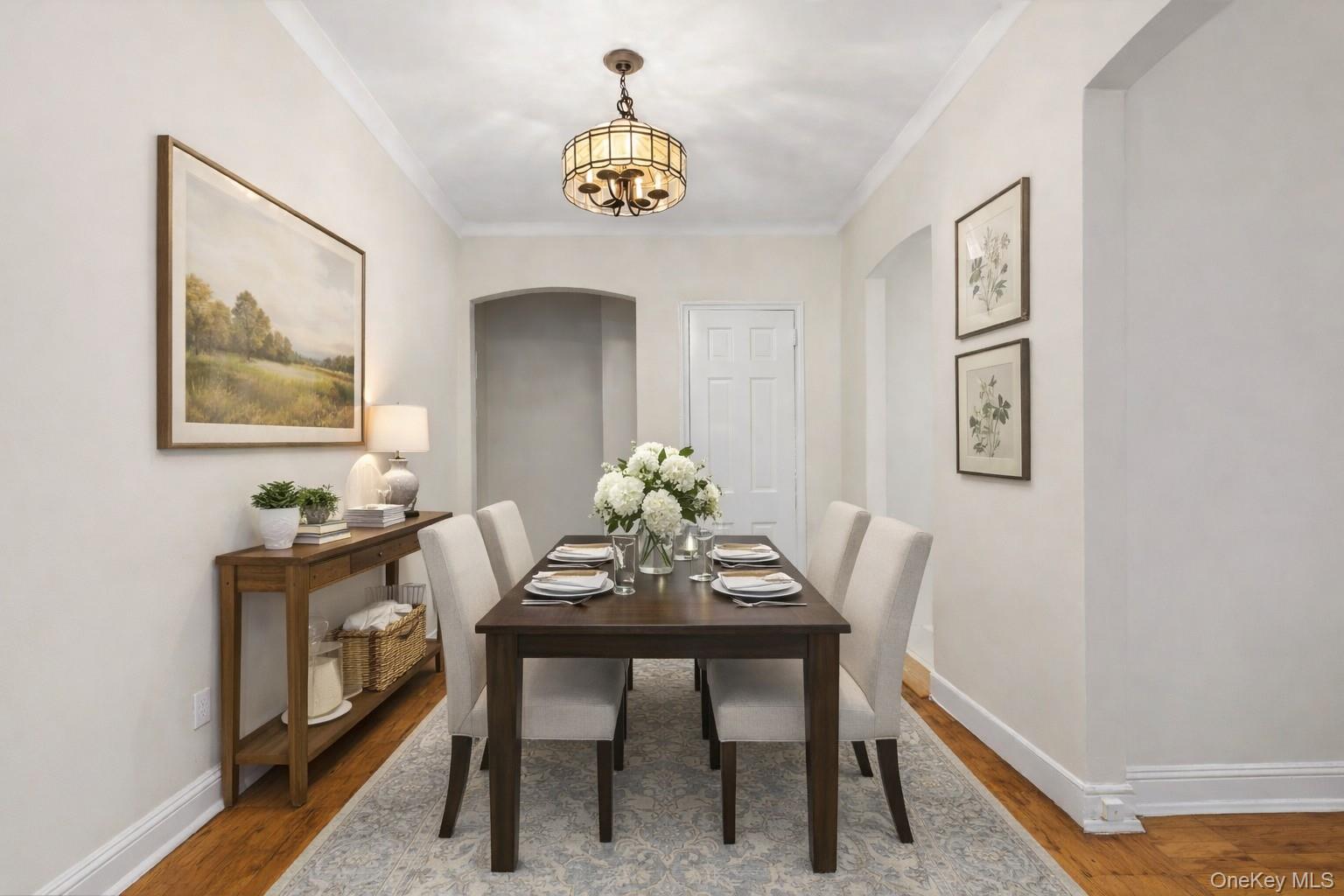 60 Pinewood Road, Unit 1B Hartsdale, NY 10530 - Photo 7 of 27 Virtually staged dining area featuring a chandelier, hardwood floors, crown molding, and arched walkways.