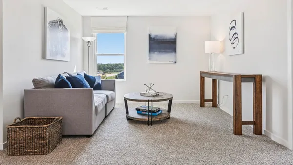 a living room with furniture and a lamp