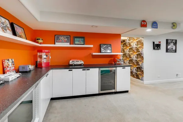 workspace with wooden shelves