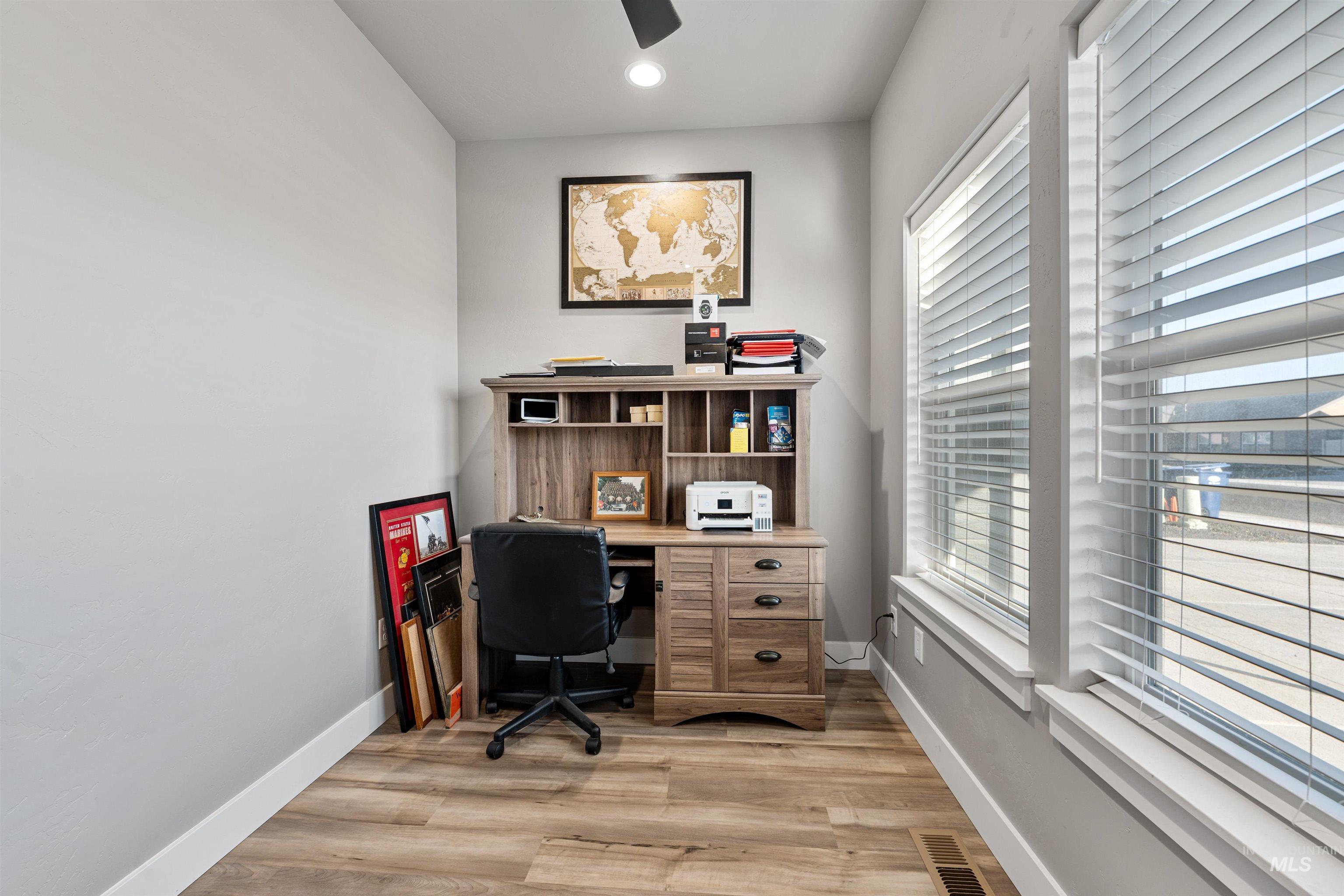1005 Kenbrook Loop Twin Falls, ID 83301 - Photo 12 of 47 Home office with light wood-style flooring, recessed lighting, and ceiling fan