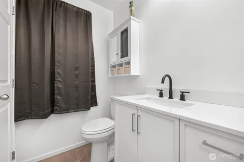 an aerial view of green landscape with trees houses and lake view