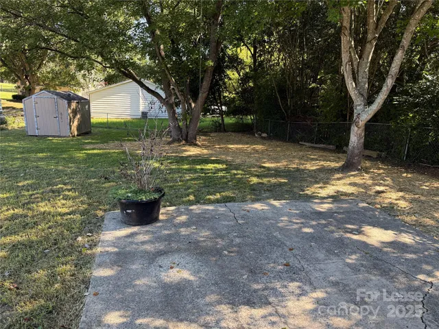 a view of a backyard with a tree
