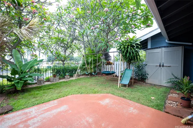 a view of backyard with potted plants and a large tree