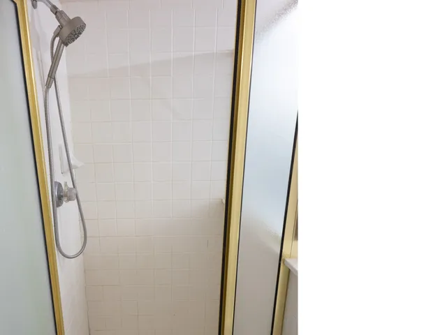 a bathroom with a shower and a mirror