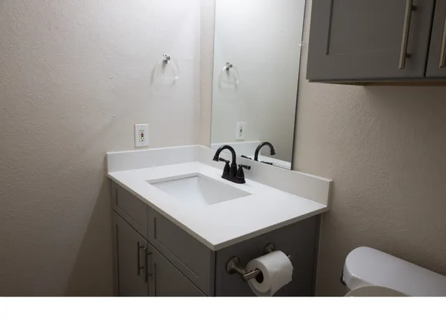 a bathroom with a sink vanity and a mirror