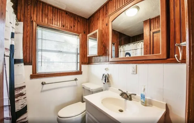 a bathroom with a sink a mirror and a toilet