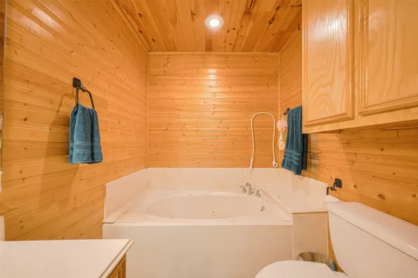 a bathroom with a bathtub and sink