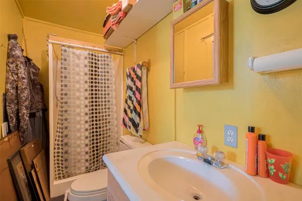 a bathroom with a sink toilet and shower