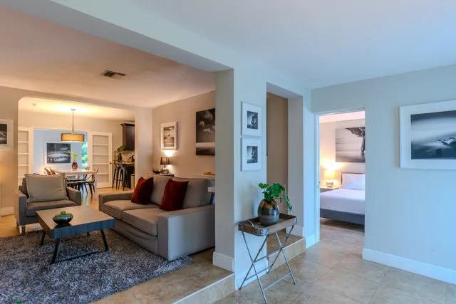 a living room with furniture and a potted plant