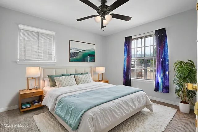 a bedroom with bed and a window