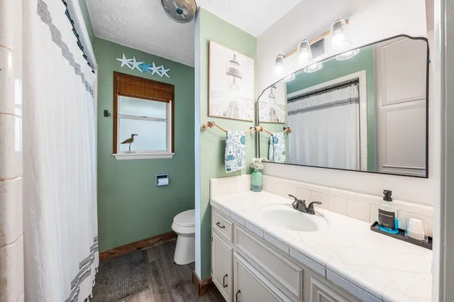 a bathroom with a granite countertop sink a toilet and a mirror