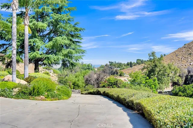 a view of a garden with a building in background