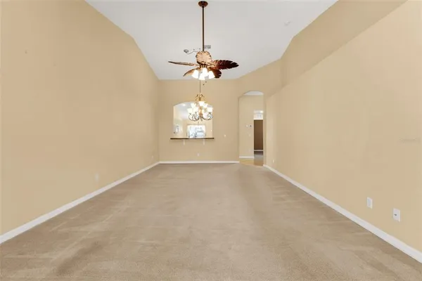 en view of a chandelier in a room