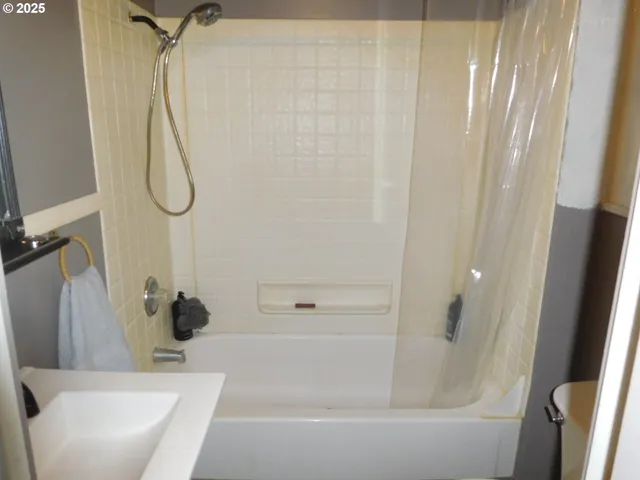 a bathroom with a bath tub with a shower