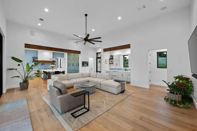 a living room with fireplace furniture and a potted plant