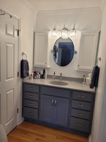 a bathroom with a sink and a mirror