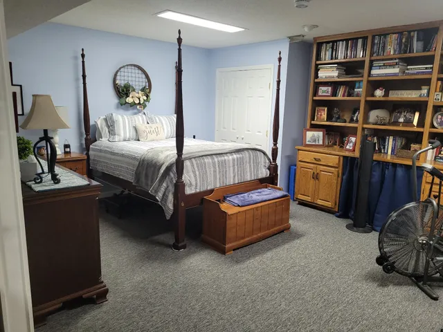 a bedroom with a bed and a book shelf