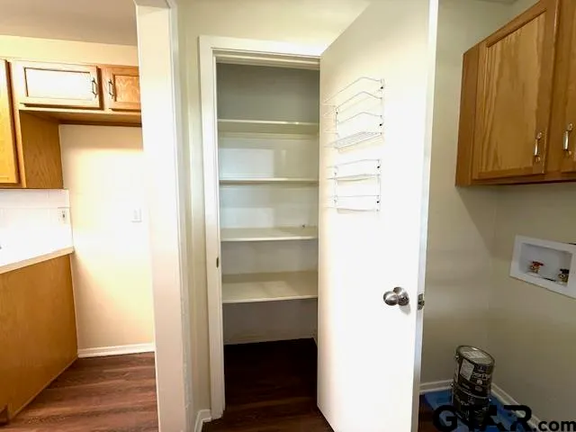 a view of walk in closet with wooden floor