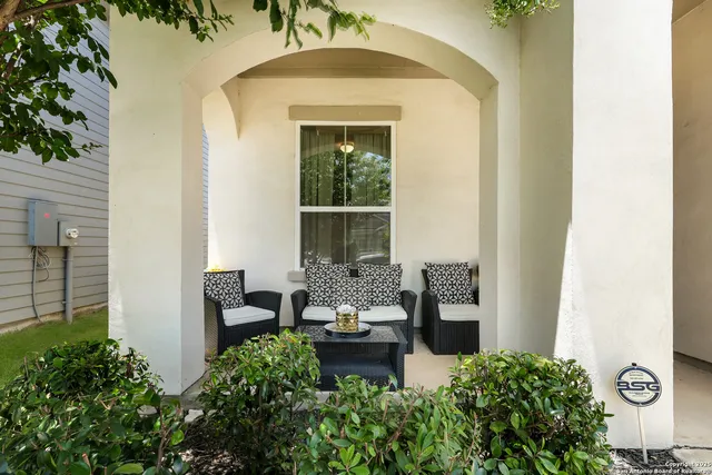 a garden view with a seating space