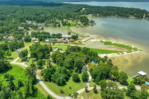 an aerial view of residential houses with outdoor space and lake view