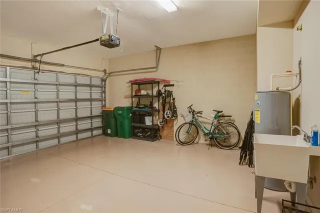 a view of a garage with rack and bicycle