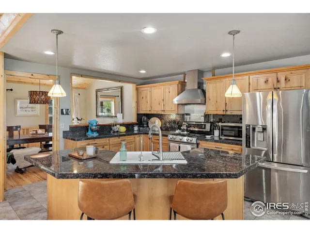 a kitchen with stainless steel appliances granite countertop a sink refrigerator and cabinets