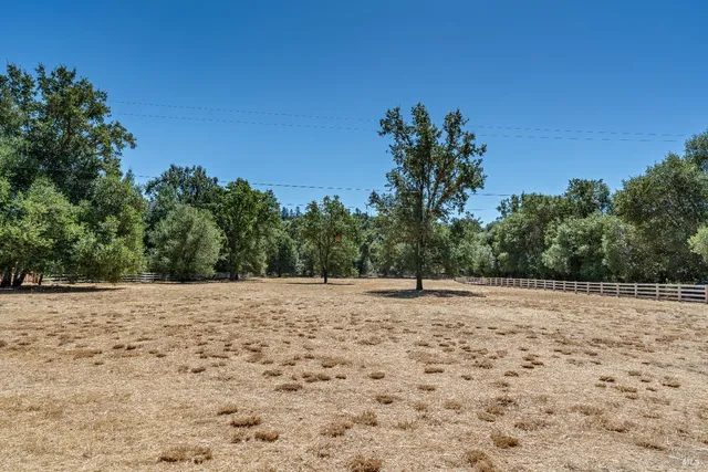 an aerial view of residential houses with outdoor space and trees