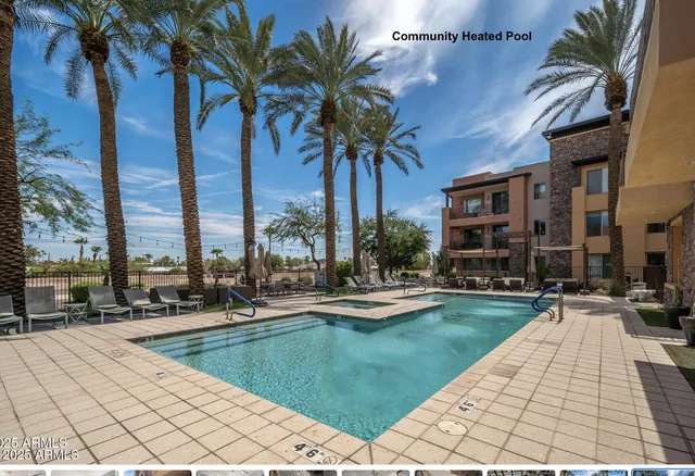 a view of swimming pool with outdoor seating and a lots of palm trees