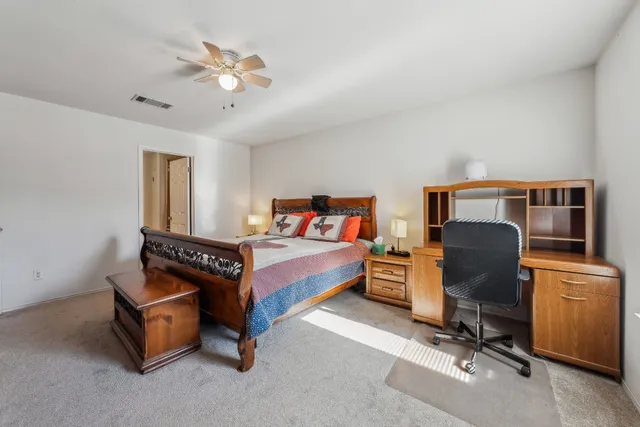 a bedroom with furniture and a ceiling fan