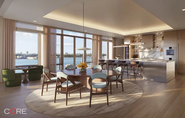 a view of a a dining room with furniture window and outside view