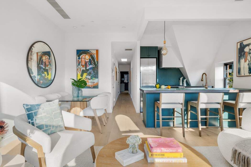 721 St Nicholas Avenue, Unit PH4 Manhattan, NY 10031 - Photo 6 of 17 a living room with fireplace furniture and a floor to ceiling window