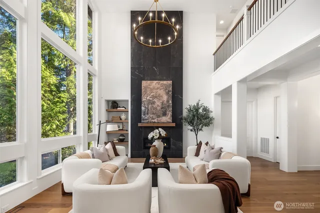 a living room with fireplace furniture and a large window