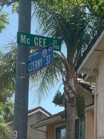 a view of a street sign under a large tree
