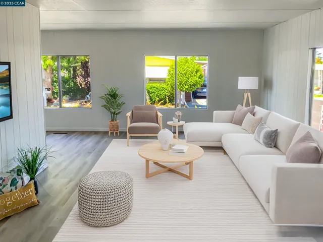 a living room with furniture and a potted plant