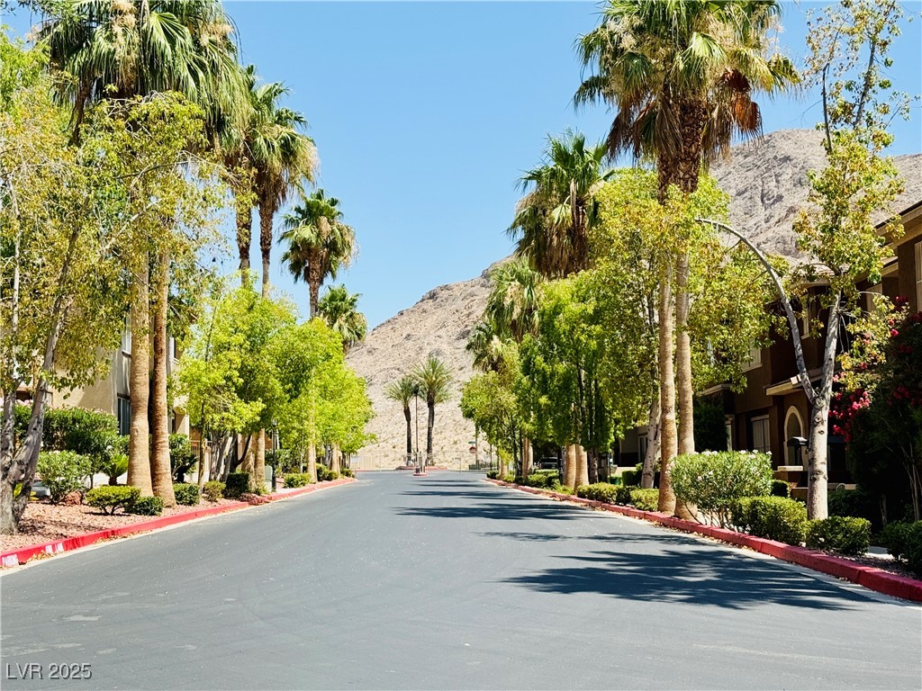 10231 Deerfield Beach Avenue, Unit 103 Las Vegas, NV 89129 - Photo 28 of 31 View of asphalt street with curbs, a mountain view, and street lights