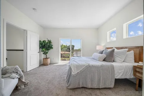 a spacious bedroom with a large bed and a potted plant