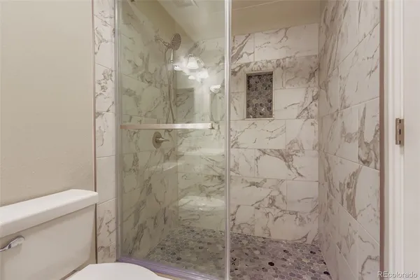 a bathroom with a shower and a toilet