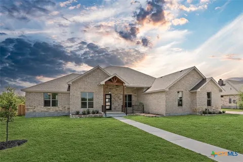 a view of a yard in front of a house with a large tree