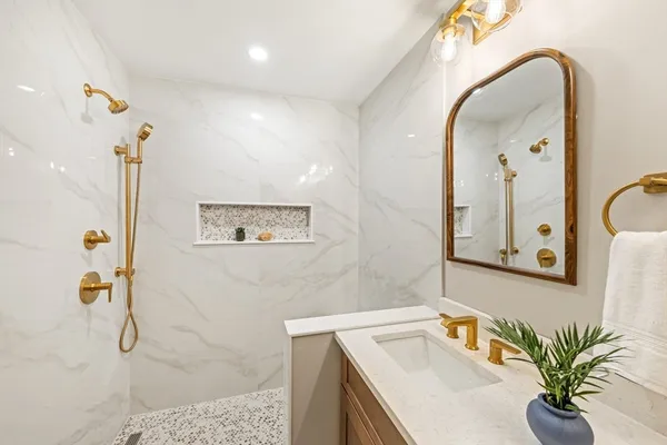 a bathroom with a sink a mirror and a shower