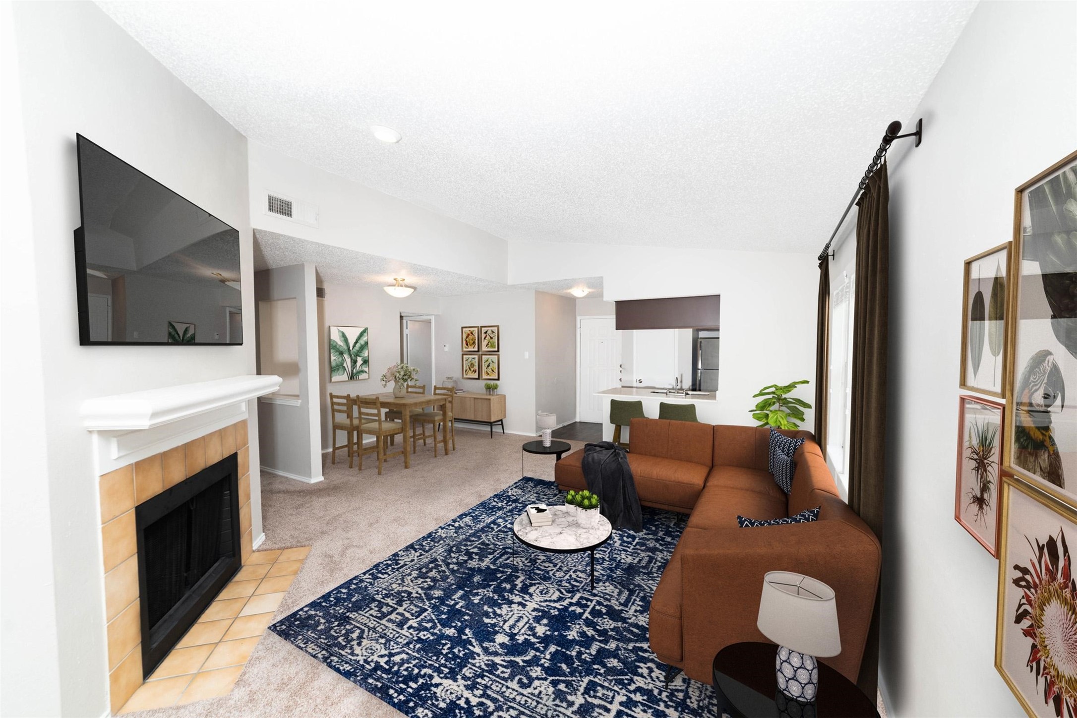 8301 Boat Club Road, Unit 1217 Fort Worth, TX 76179 - Photo 14 of 44 a living room with furniture a flat screen tv and a fireplace