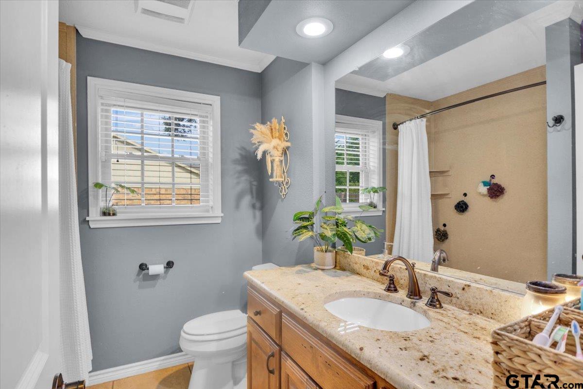 906 Zola Street Quitman, TX 75783 - Photo 38 of 41 a bathroom with a granite countertop sink toilet and a mirror