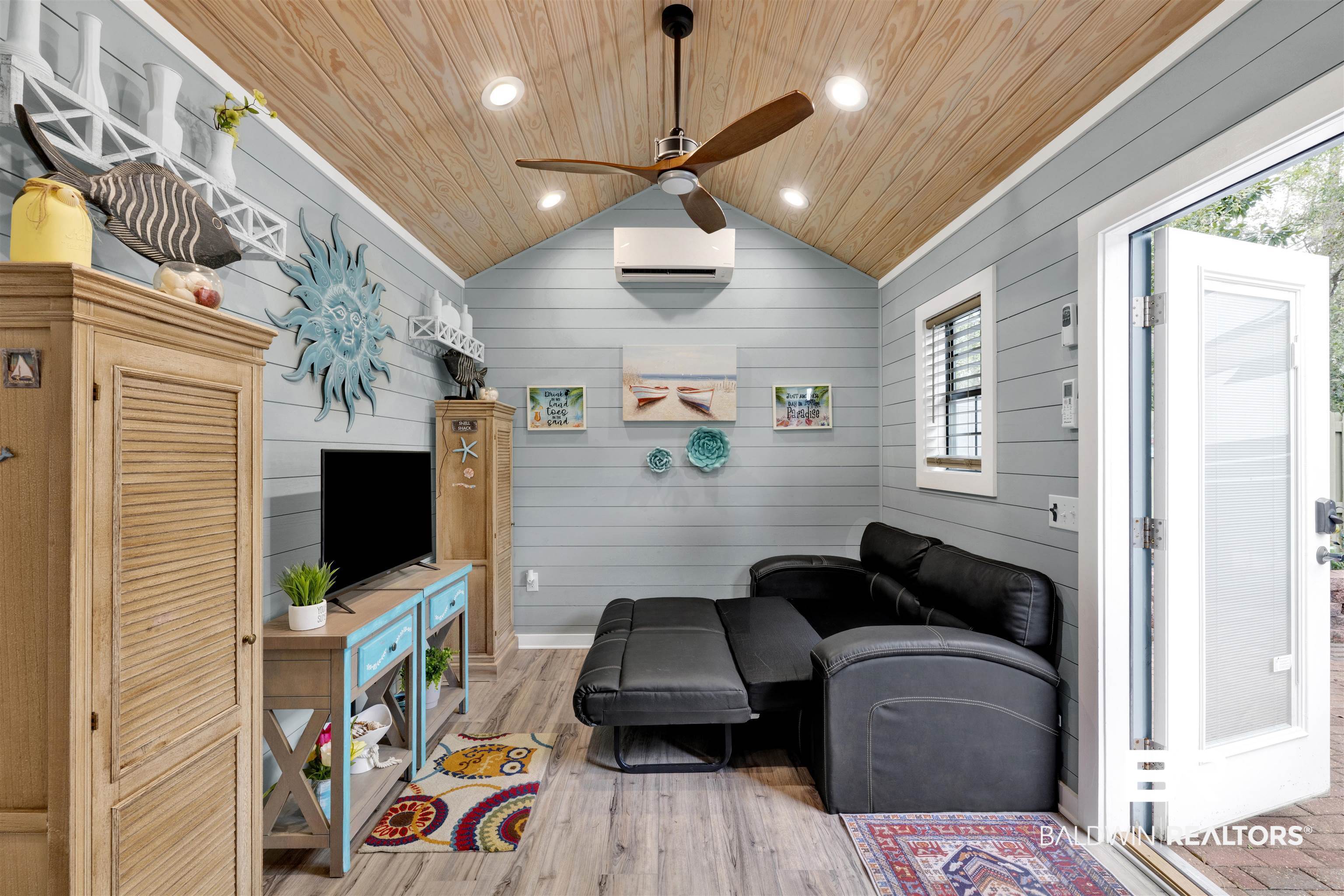 4650 Griffith Marina Road, Unit LOT 24 Orange Beach, AL 36561 - Photo 8 of 34 Living area featuring ceiling fan, wood walls, wood finished floors, wooden ceiling, and recessed lighting