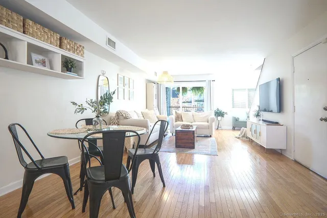 a view of a dining room with furniture a potted plant and wooden floor