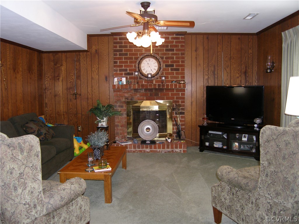 800 Whiffletree Road North Chesterfield, VA 23236 - Photo 15 of 47 Family Room: Panelling, Carpet, CFan, Brick FP