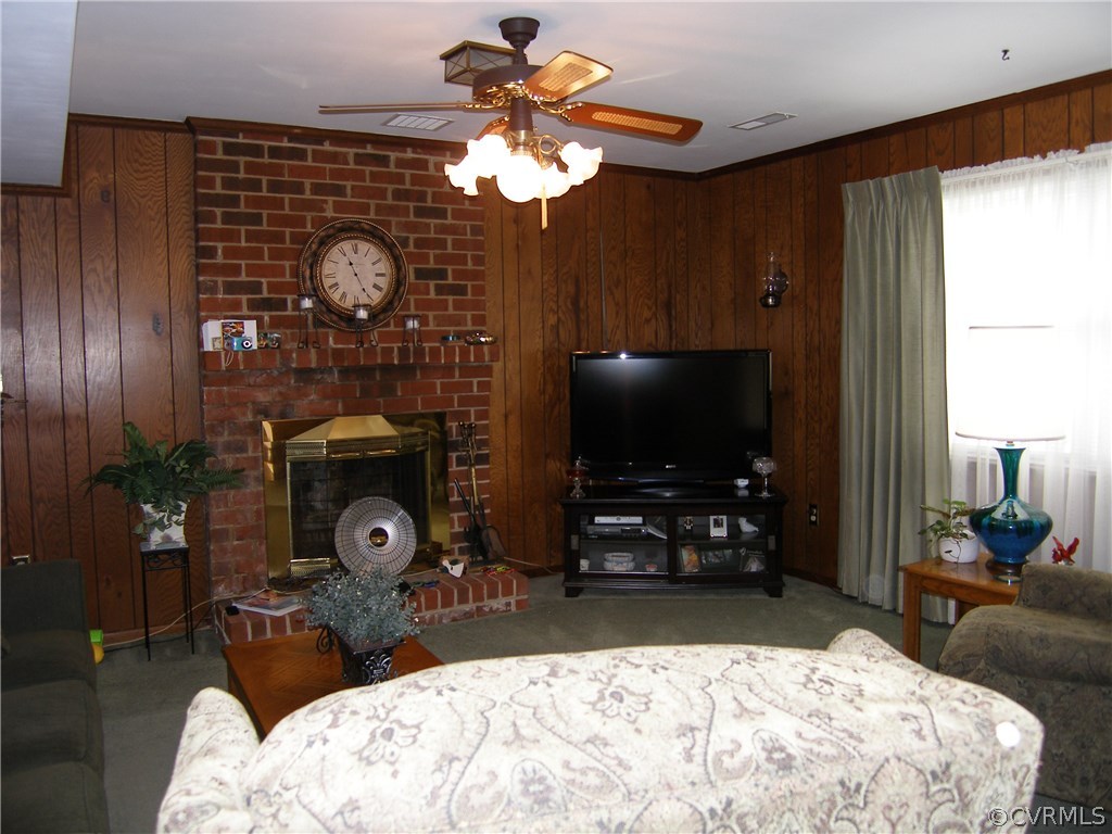 800 Whiffletree Road North Chesterfield, VA 23236 - Photo 17 of 47 Family Room: Panelling, Carpet, CFan, Brick FP