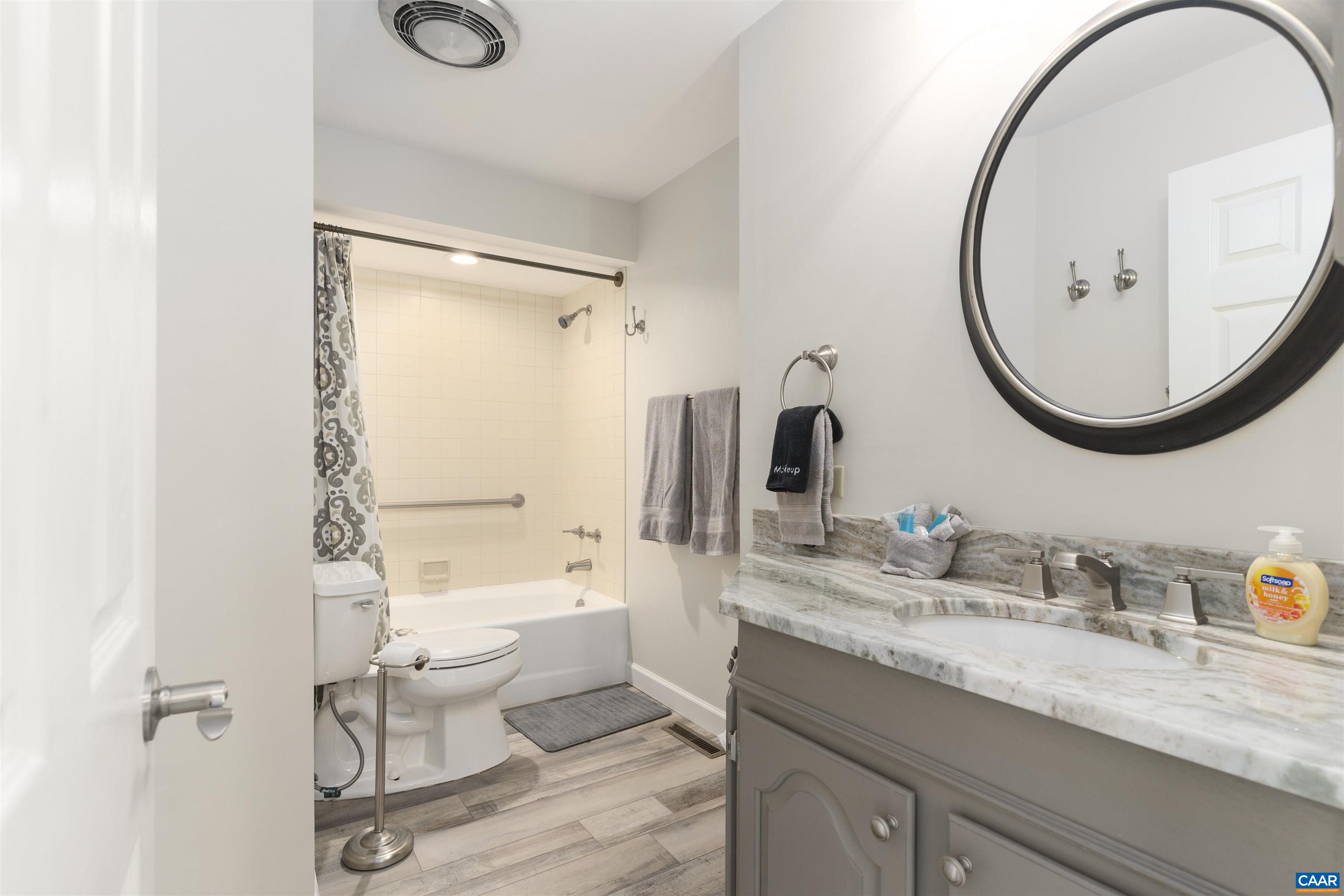 1581 Vistas Roseland, VA 22967 - Photo 45 of 53 a bathroom with a granite countertop toilet a sink and a mirror