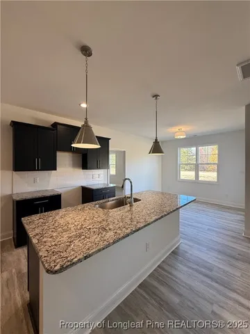 a kitchen island with granite countertop kitchen island stainless steel appliances a sink stove and wooden floor