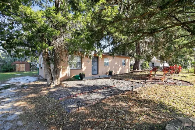 a view of a white house with a large tree next to a yard