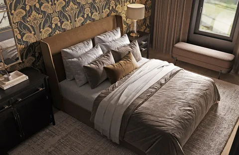 a bed sitting in a bedroom next to a window